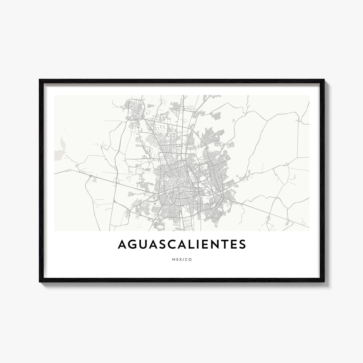 Aguascalientes black & white map poster of Mexico – horizontal wall art, unframed print shown in interior mockup