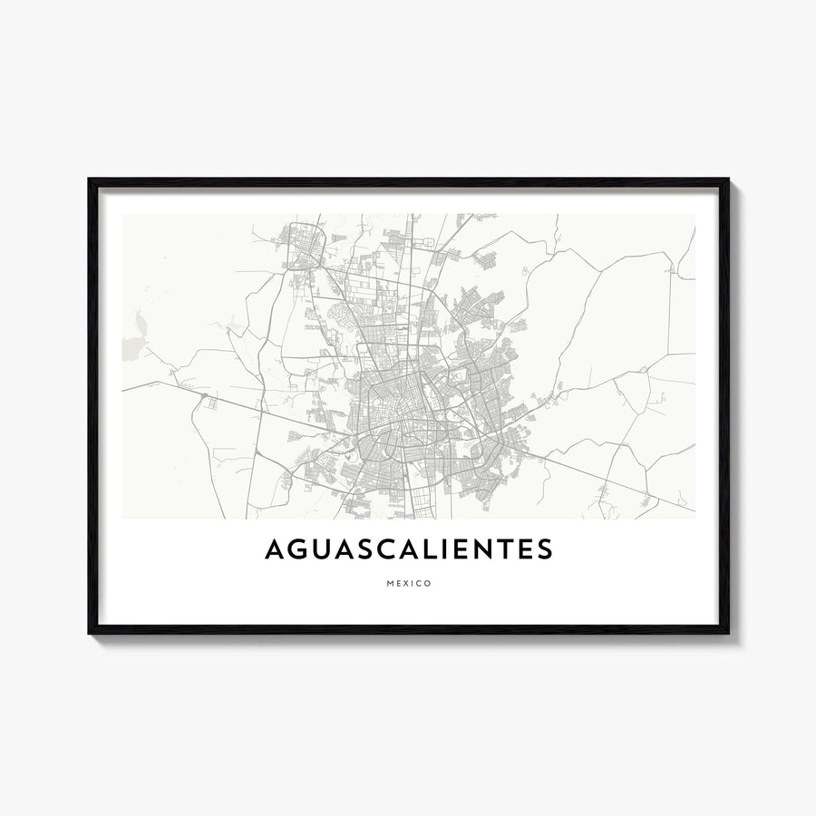 Aguascalientes black & white map poster of Mexico – horizontal wall art, unframed print shown in interior mockup