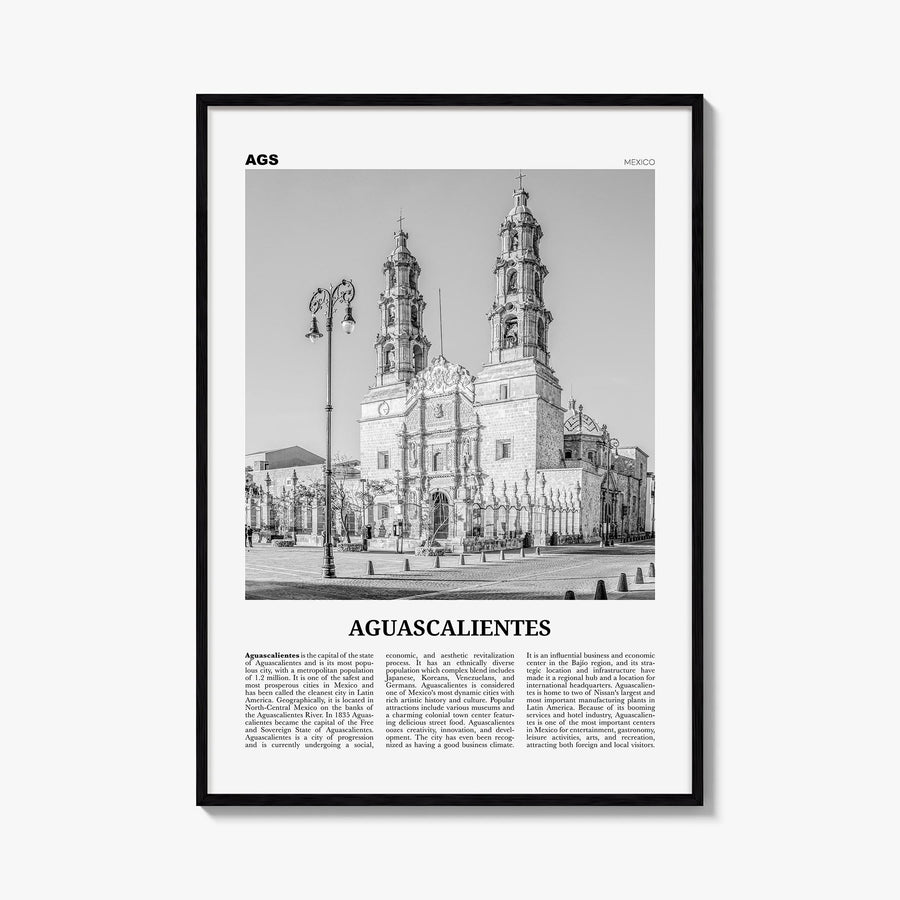 Aguascalientes black & white newspaper poster of Mexico – vertical wall art, unframed print shown in interior mockup