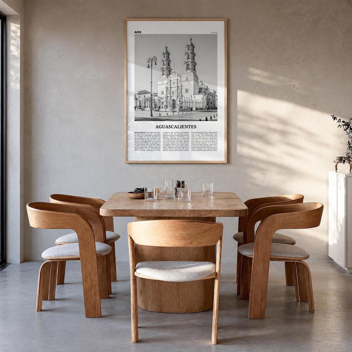Aguascalientes black & white newspaper poster of Mexico – vertical wall art in natural wood frame, hanging on wall