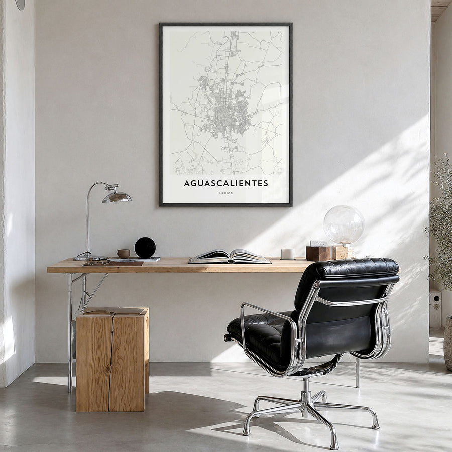 Aguascalientes, Mexico Map Poster in a black wood frame, hanging in a bright home office