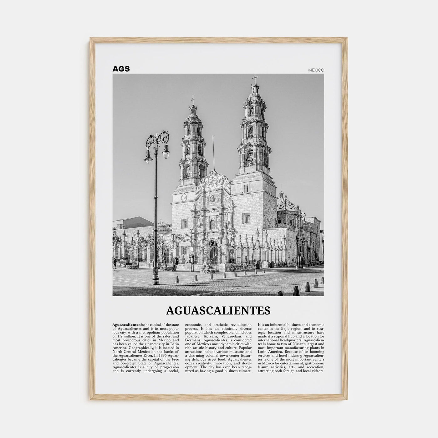 Aguascalientes Poster Natural Wood / 8x12 in Nbourhood Travel B&W Poster