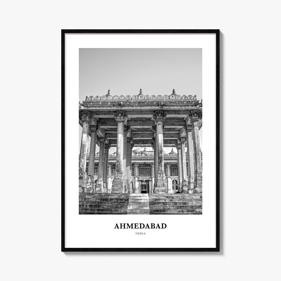 Ahmedabad black & white classic poster of India – vertical wall art, unframed print shown in interior mockup