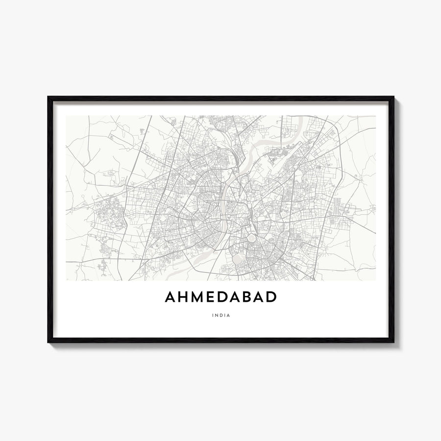 Ahmedabad black & white map poster of India – horizontal wall art, unframed print shown in interior mockup