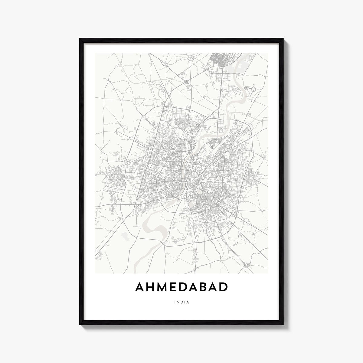 Ahmedabad black & white map poster of India – vertical wall art, unframed print shown in interior mockup