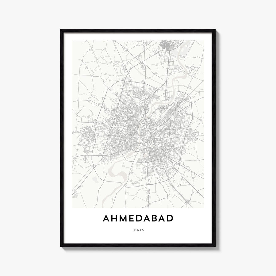 Ahmedabad black & white map poster of India – vertical wall art, unframed print shown in interior mockup