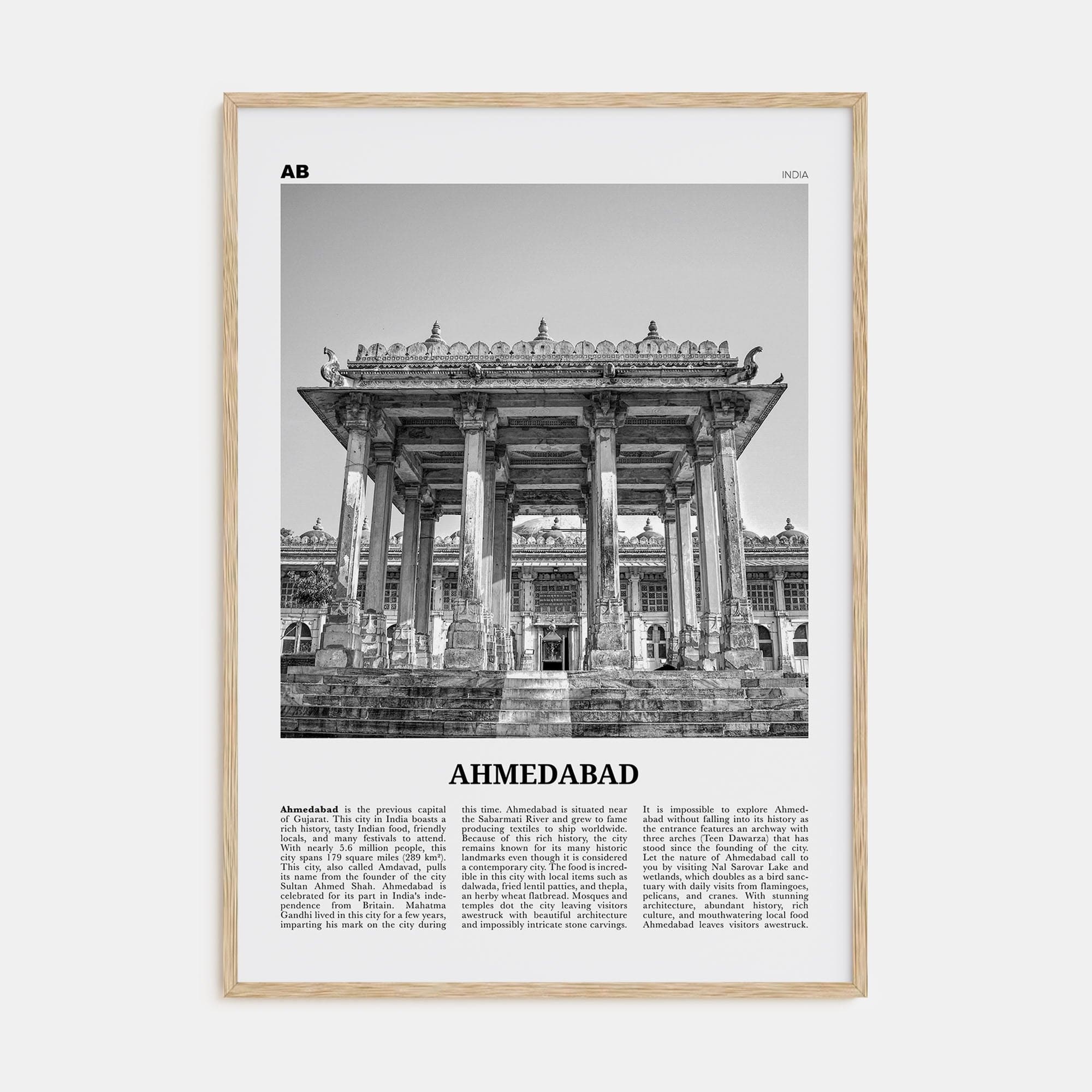 Ahmedabad Poster Natural Wood / 8x12 in Nbourhood Travel B&W Poster