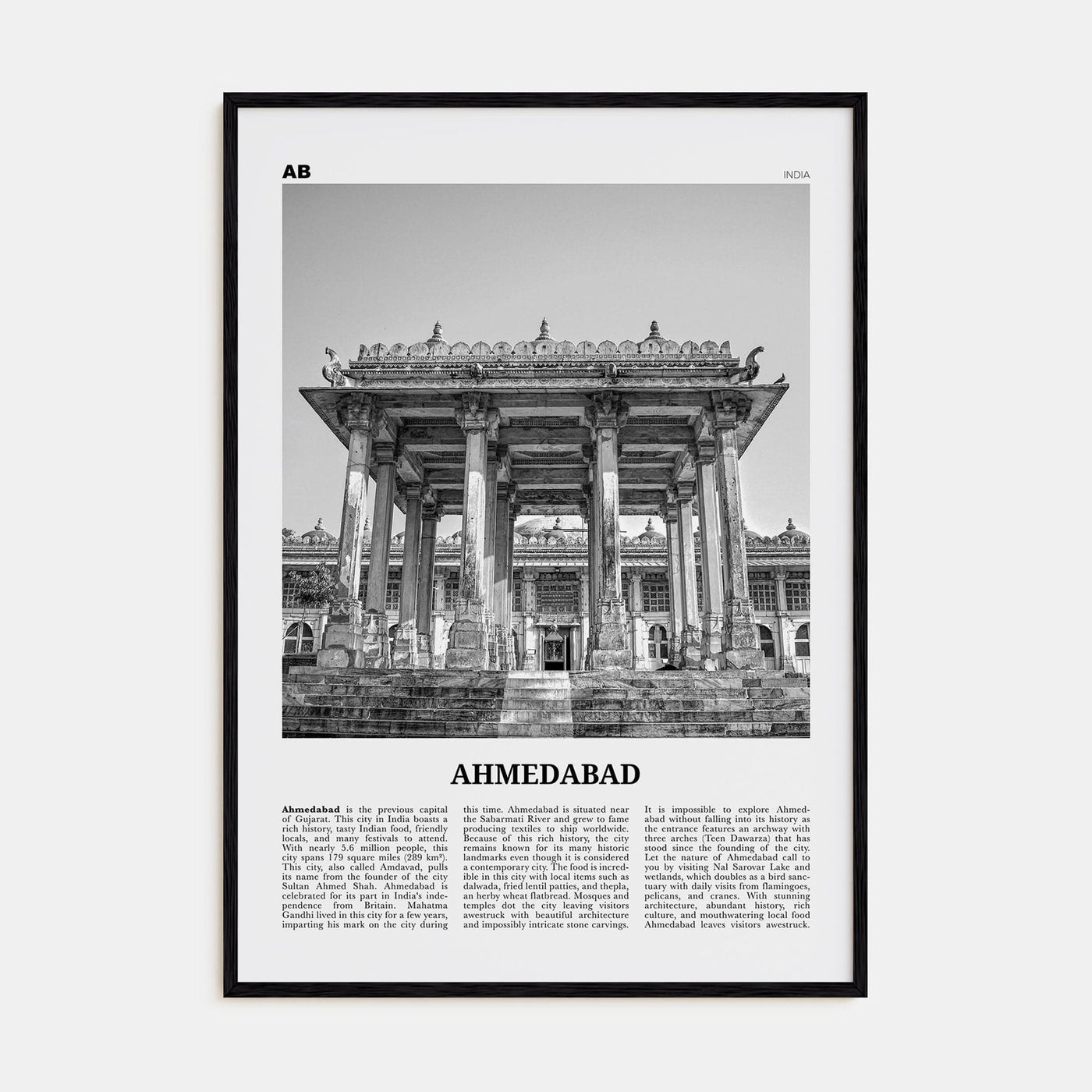 Ahmedabad Poster Black Wood / 8x12 in Nbourhood Travel B&W Poster