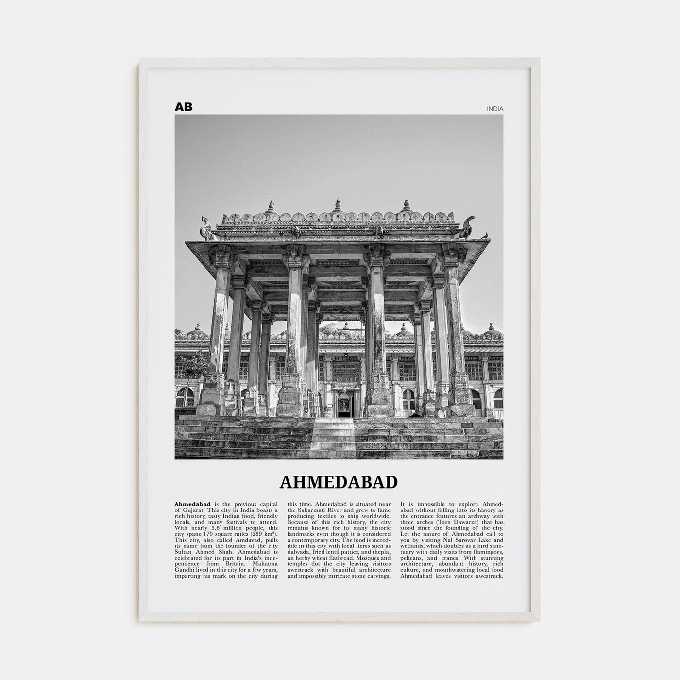 Ahmedabad Poster White Wood / 8x12 in Nbourhood Travel B&W Poster