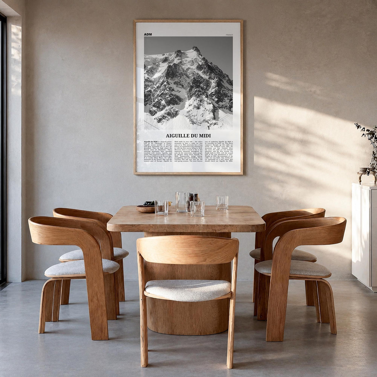 Aiguille du Midi black & white newspaper poster of France – vertical wall art in natural wood frame, hanging on wall