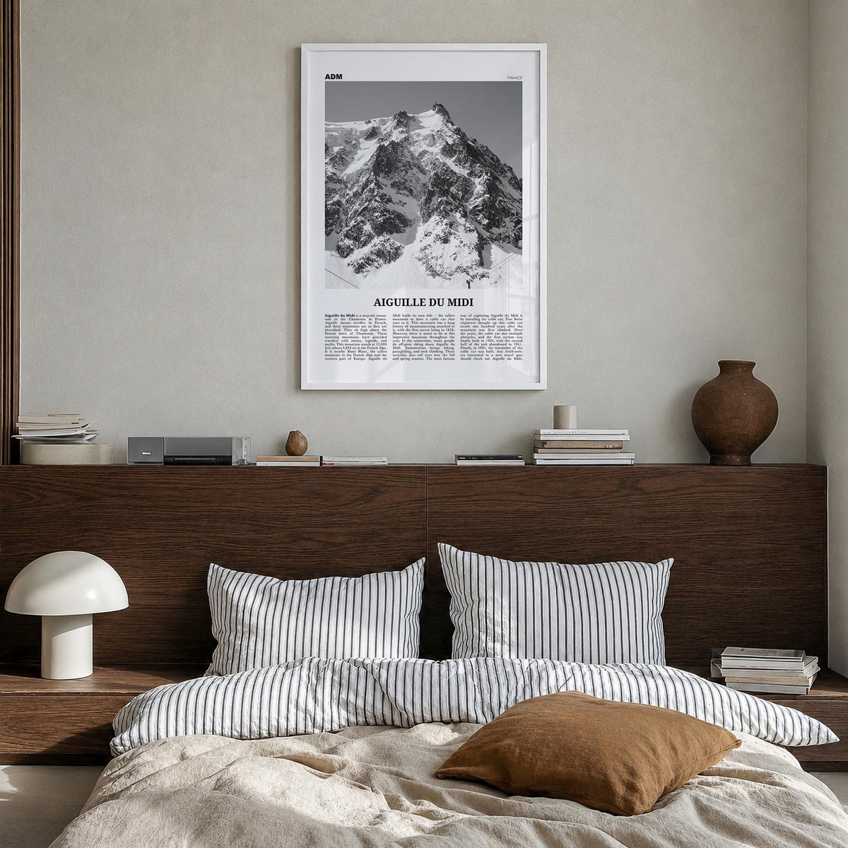 Aiguille du Midi black & white newspaper poster of France – vertical wall art in white wood frame, hanging on wall