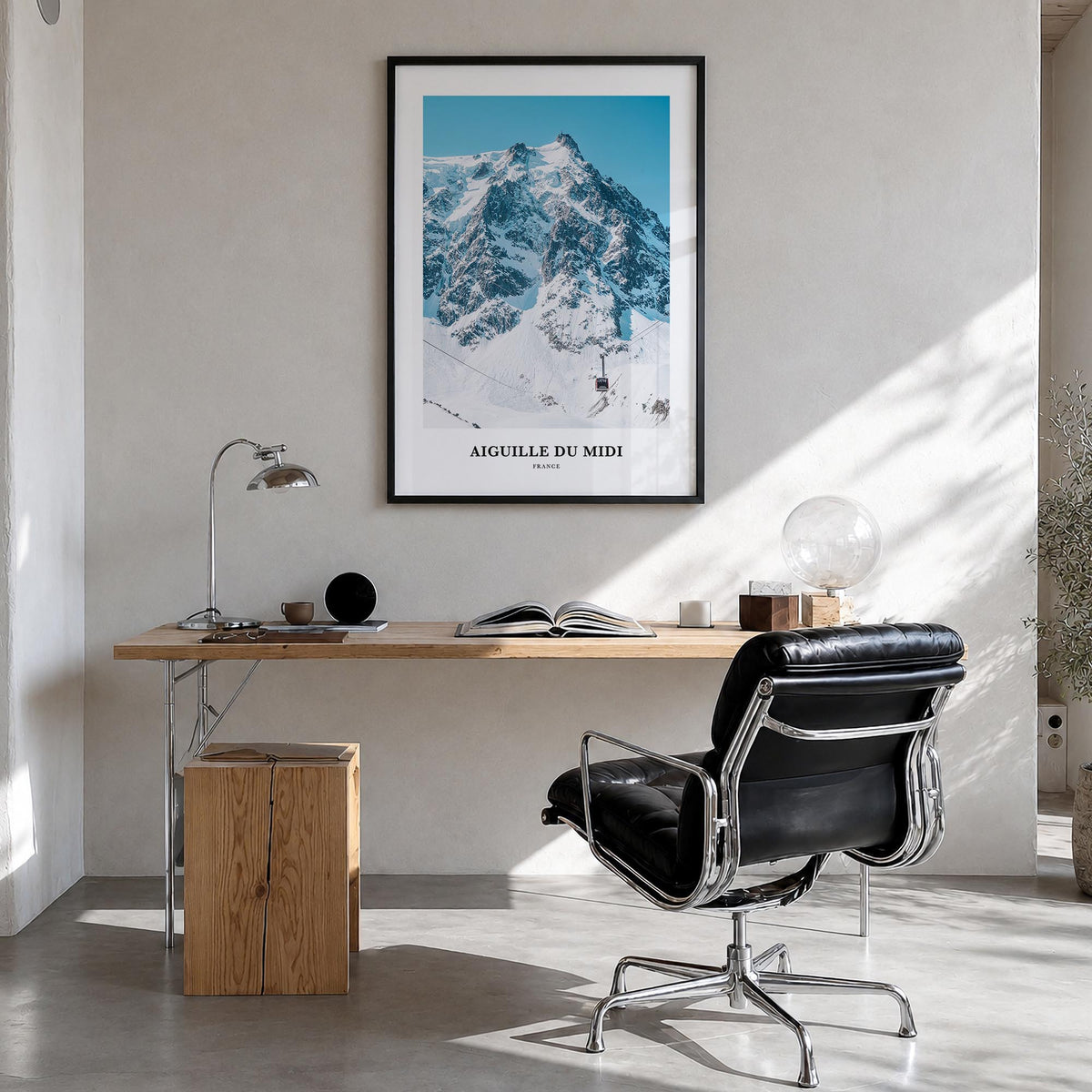 Aiguille du Midi colorful classic poster of France – vertical wall art in black wood frame, hanging on wall