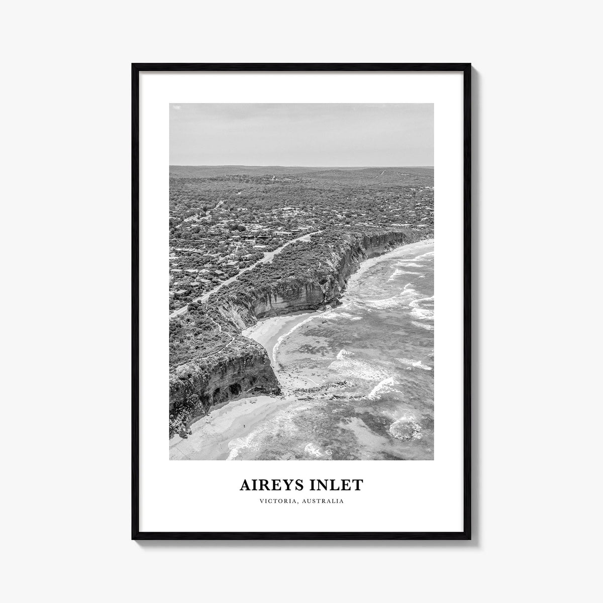 Aireys Inlet black & white classic poster of Victoria, Australia – vertical wall art, unframed print shown in interior mockup