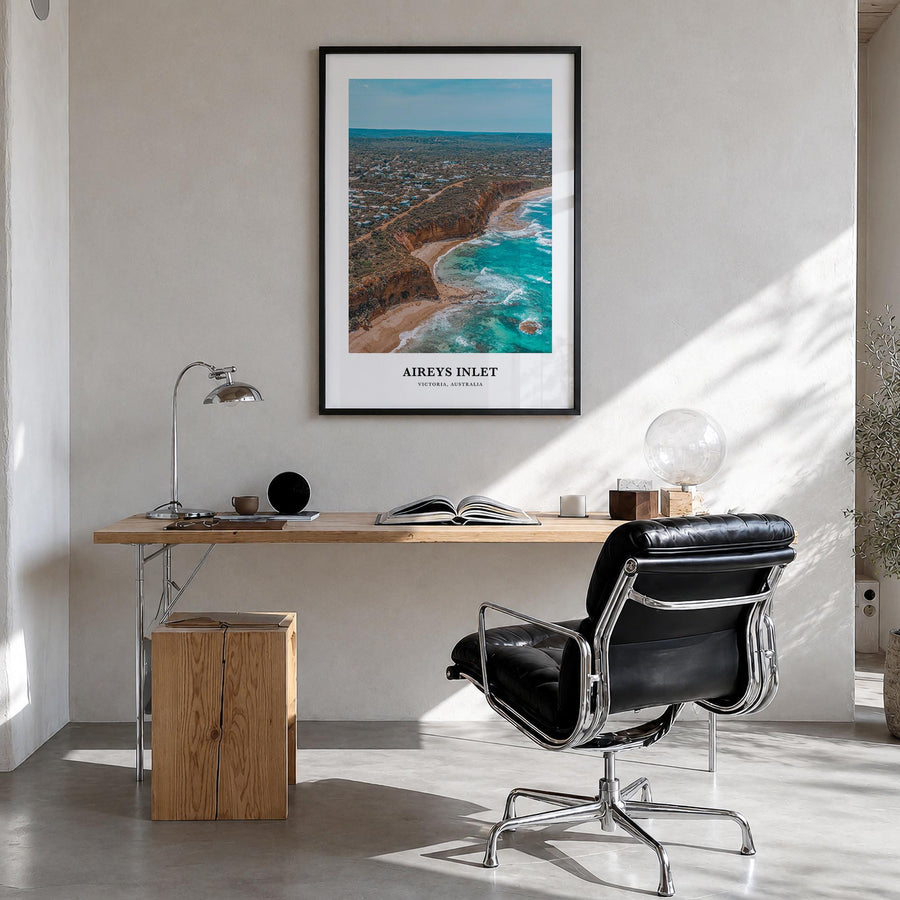 Aireys Inlet colorful classic poster of Victoria, Australia – vertical wall art in black wood frame, hanging on wall