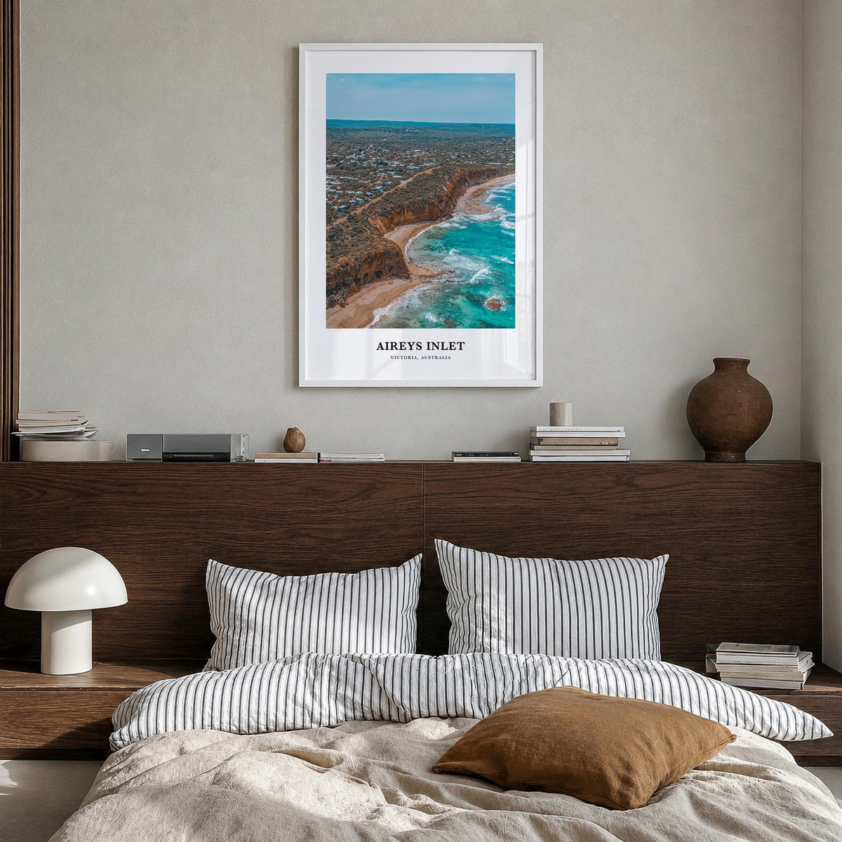 Aireys Inlet colorful classic poster of Victoria, Australia – vertical wall art in white wood frame, hanging on wall