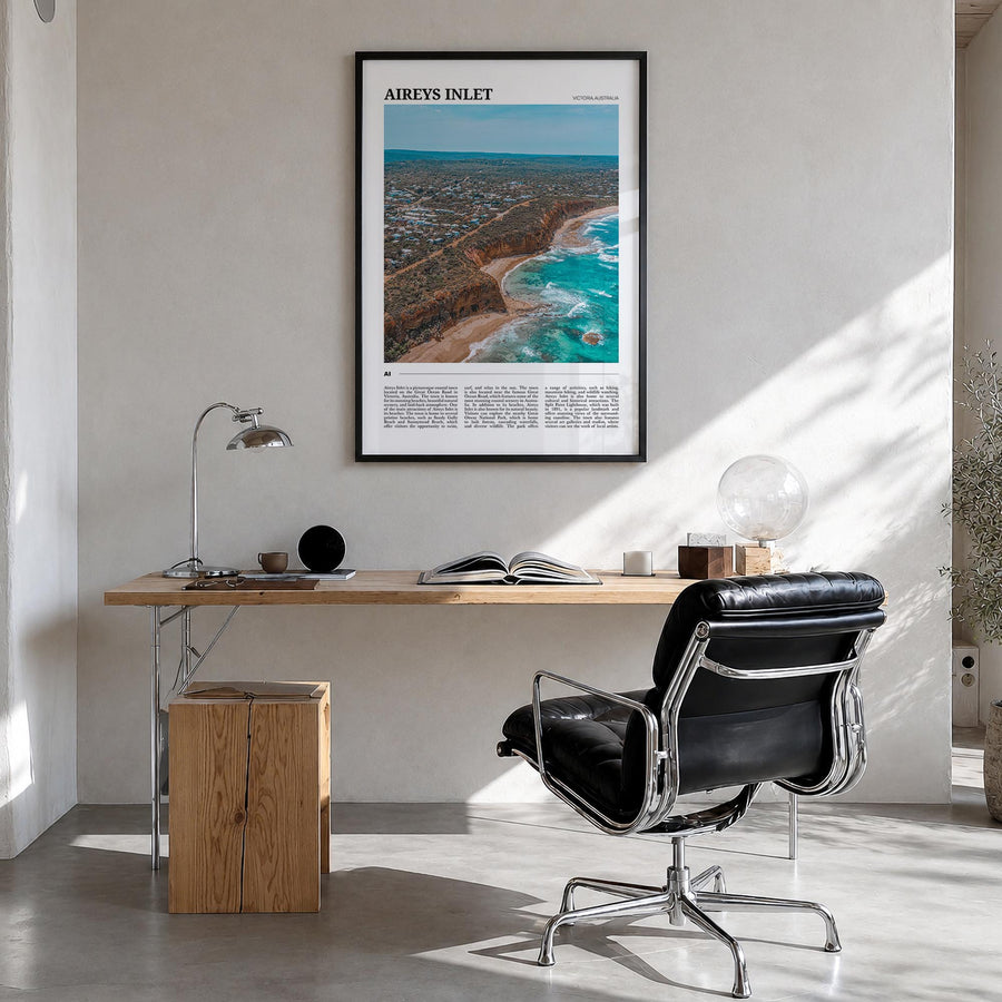Aireys Inlet colorful travel poster of Victoria, Australia – vertical wall art in black wood frame, hanging on wall