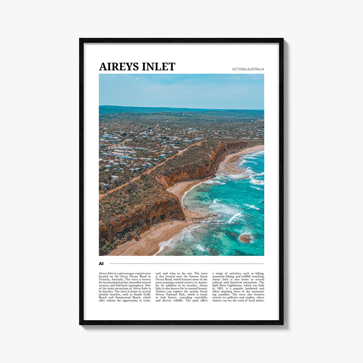 Aireys Inlet colorful travel poster of Victoria, Australia – vertical wall art, unframed print shown in interior mockup