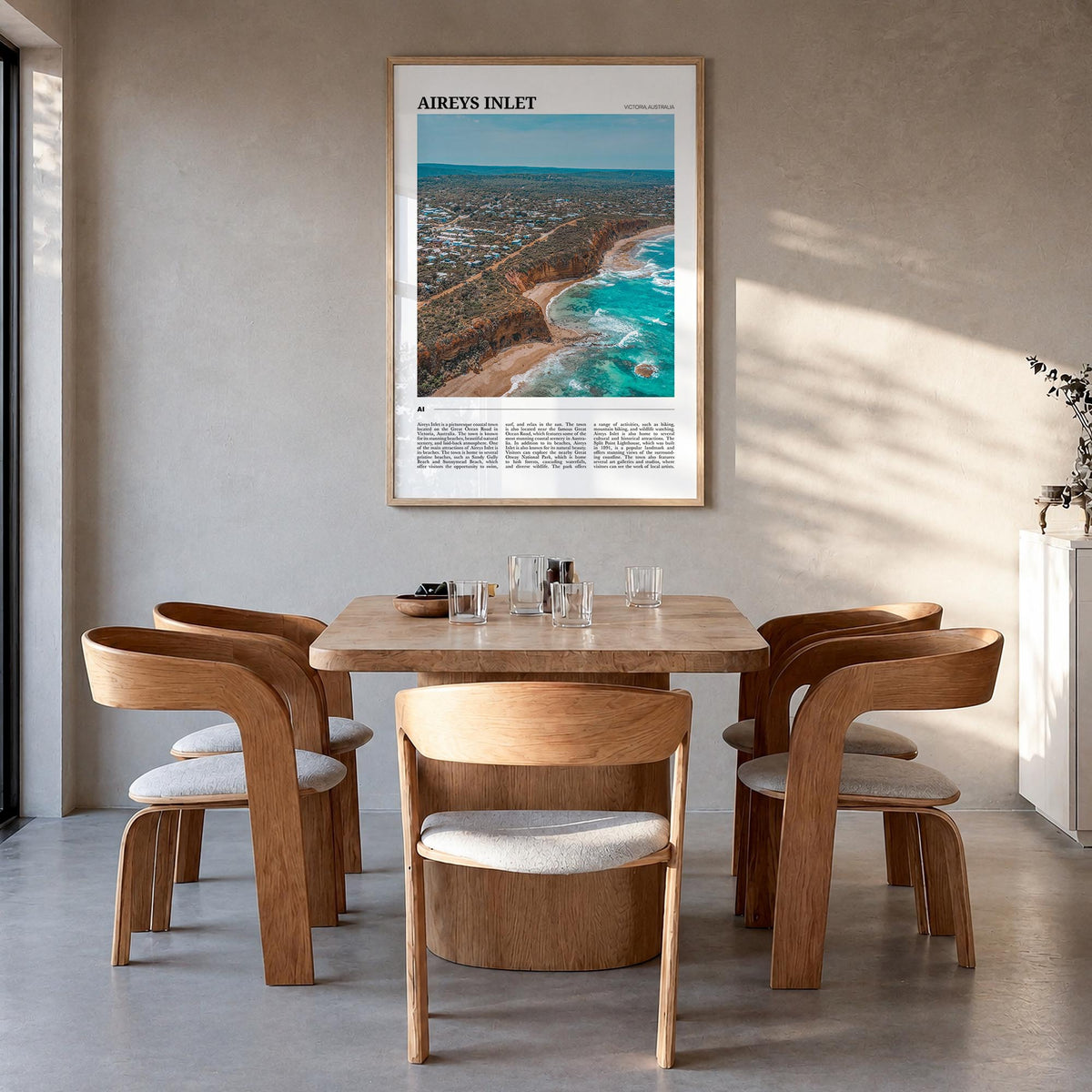 Aireys Inlet colorful travel poster of Victoria, Australia – vertical wall art in natural wood frame, hanging on wall