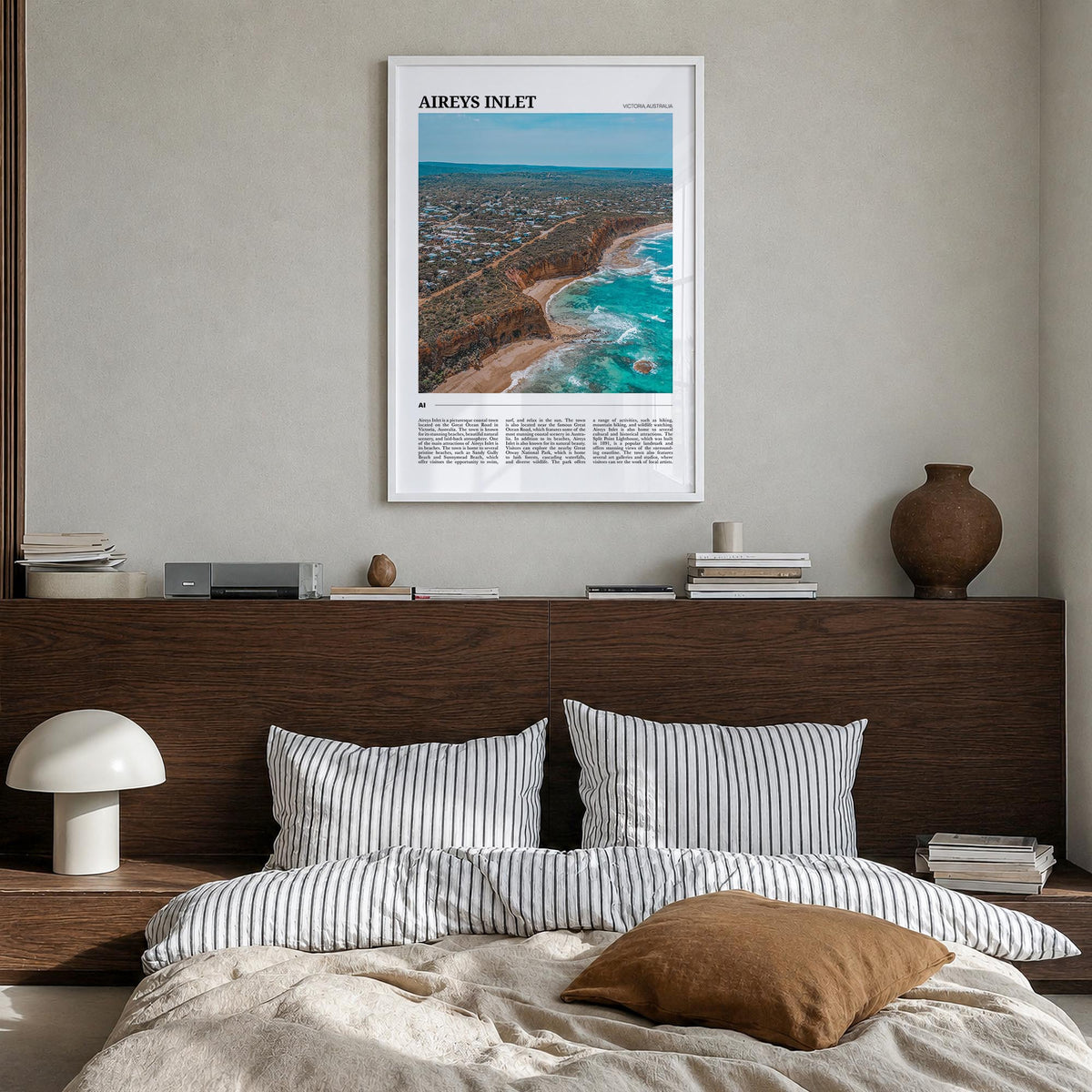 Aireys Inlet colorful travel poster of Victoria, Australia – vertical wall art in white wood frame, hanging on wall