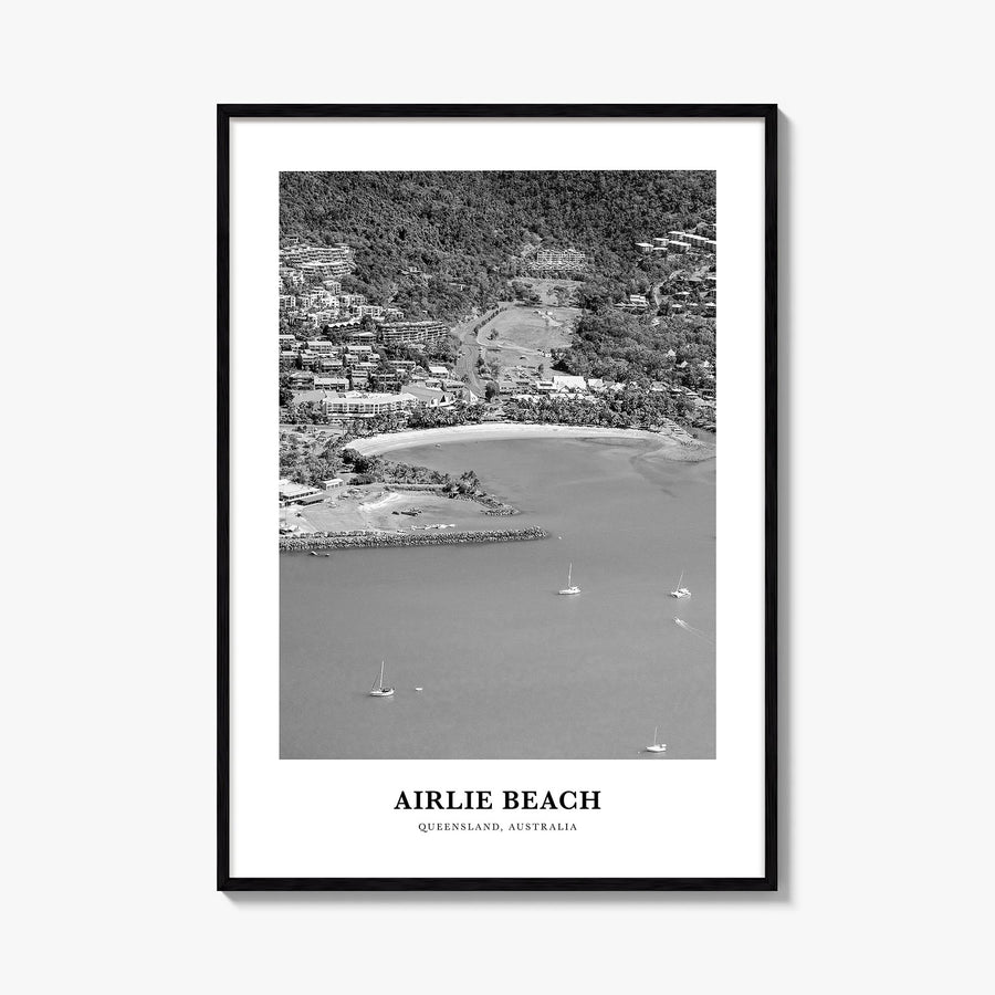 Airlie Beach black & white classic poster of Queensland, Australia – vertical wall art, unframed print shown in interior mock