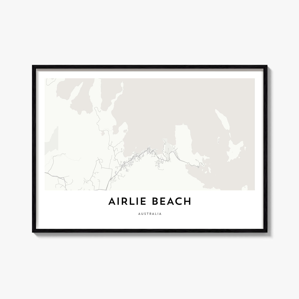 Airlie Beach black & white map poster of Queensland, Australia – horizontal wall art, unframed print shown in interior mockup
