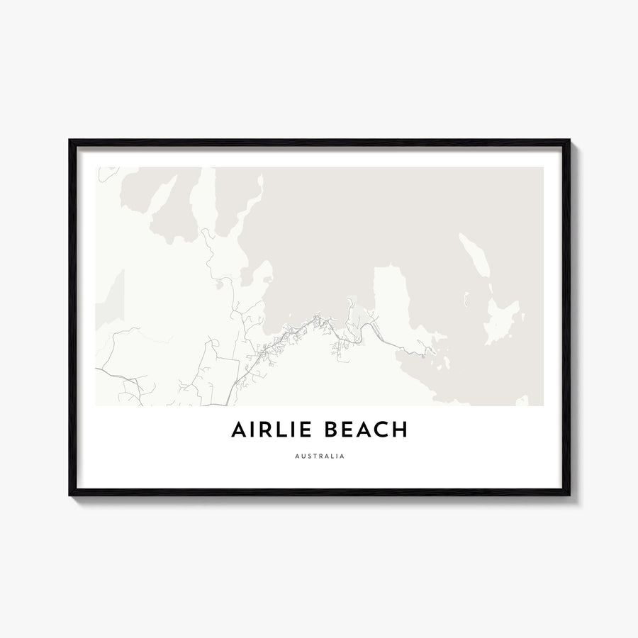 Airlie Beach black & white map poster of Queensland, Australia – horizontal wall art, unframed print shown in interior mockup
