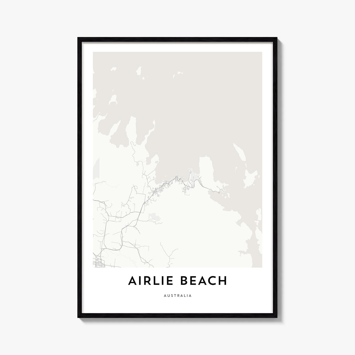 Airlie Beach black & white map poster of Queensland, Australia – vertical wall art, unframed print shown in interior mockup