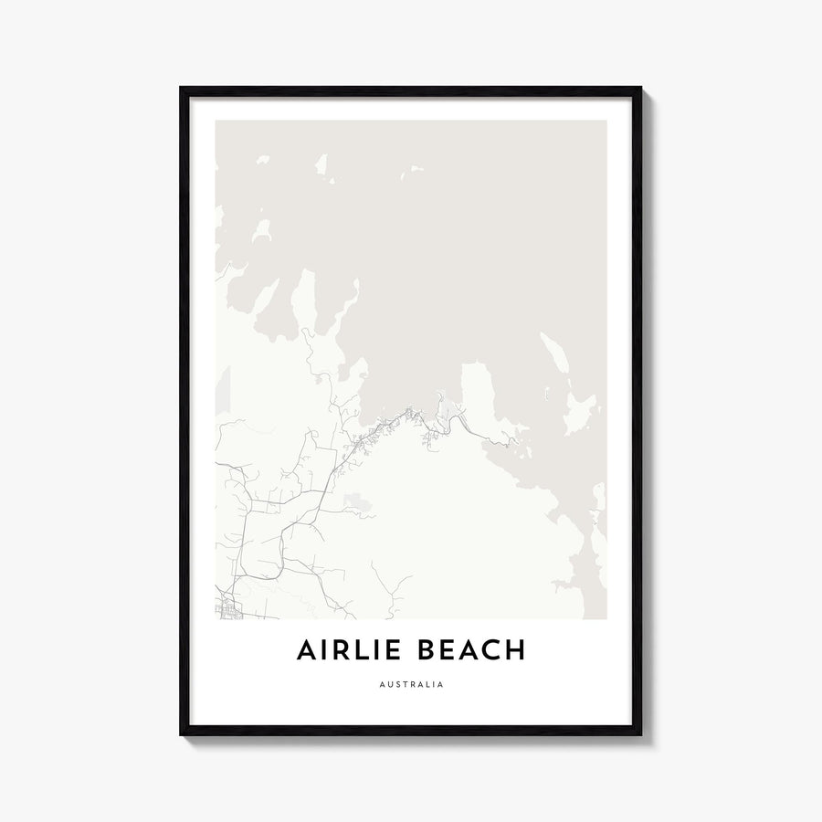 Airlie Beach black & white map poster of Queensland, Australia – vertical wall art, unframed print shown in interior mockup