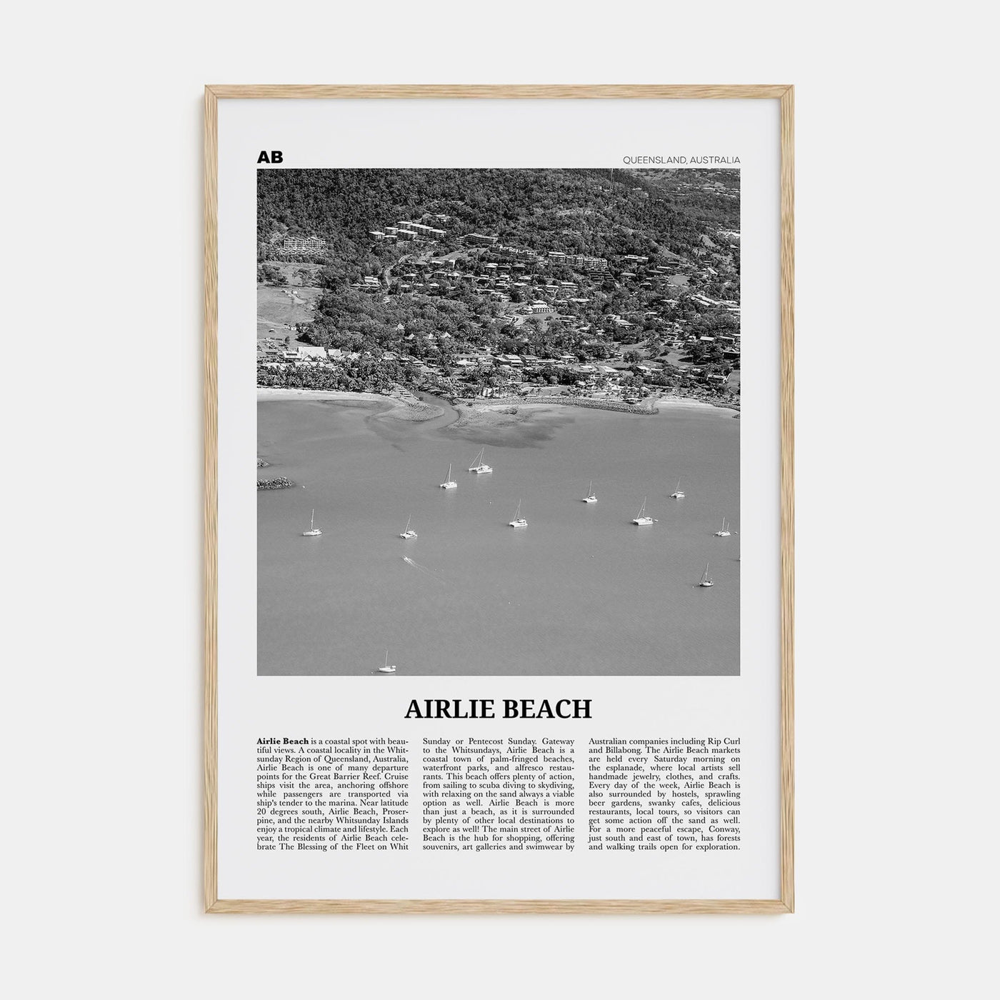 Airlie Beach Poster Natural Wood / 8x12 in Nbourhood Travel B&W Poster