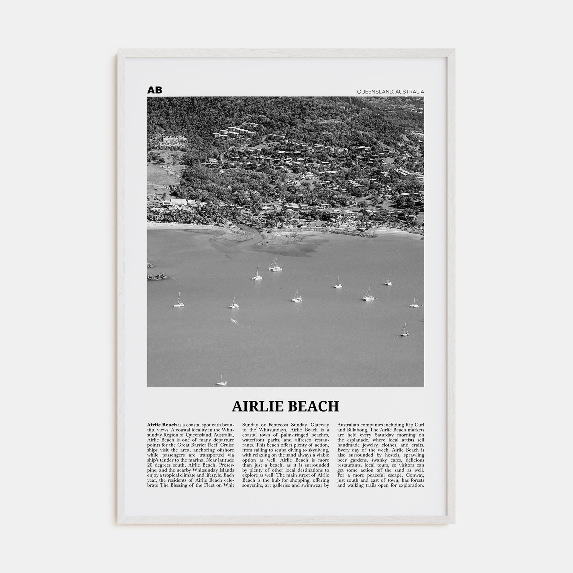 Airlie Beach Poster White Wood / 8x12 in Nbourhood Travel B&W Poster