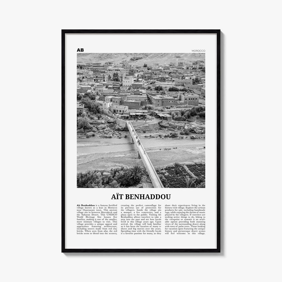 Aït Benhaddou black & white newspaper poster of Morocco – vertical wall art, unframed print shown in interior mockup