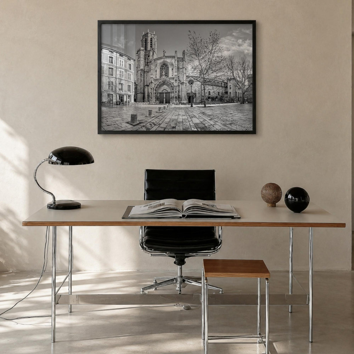 Aix-en-Provence black & white photo poster of France – horizontal wall art in black wood frame, hanging on wall