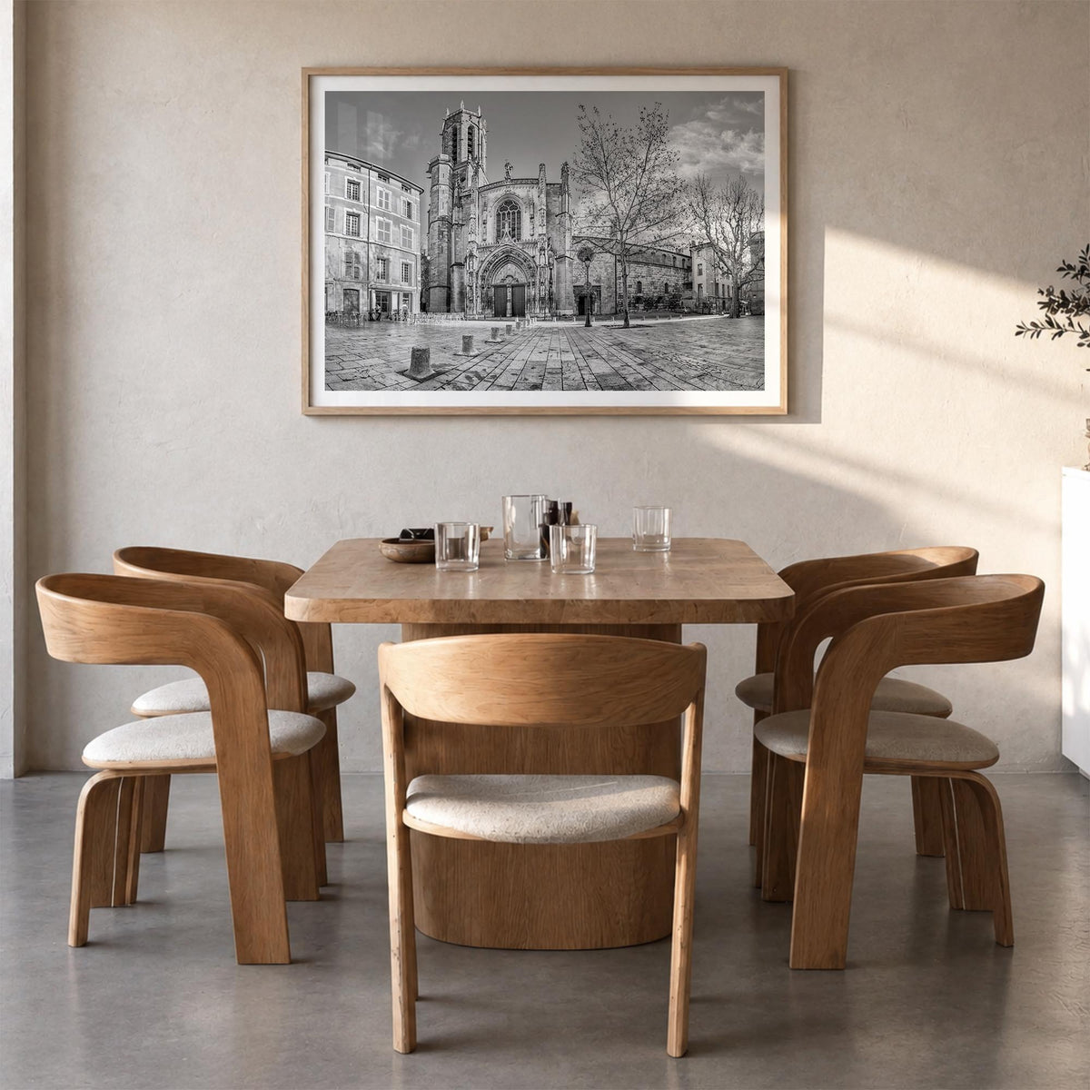 Aix-en-Provence black & white photo poster of France – horizontal wall art in natural wood frame with white border, hanging o