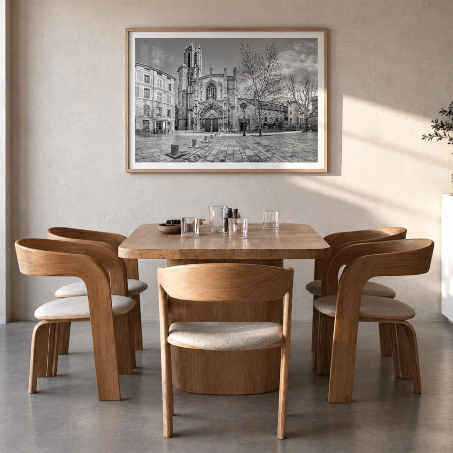 Aix-en-Provence black & white photo poster of France – horizontal wall art in natural wood frame with white border, hanging o