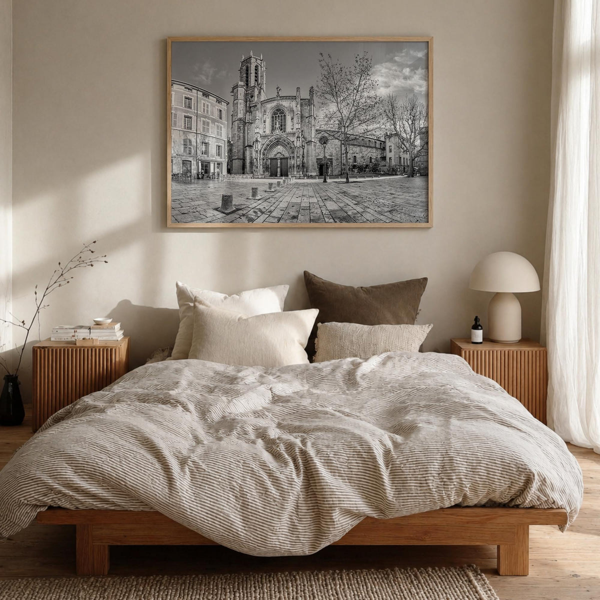 Aix-en-Provence black & white photo poster of France – horizontal wall art in natural wood frame, hanging on wall
