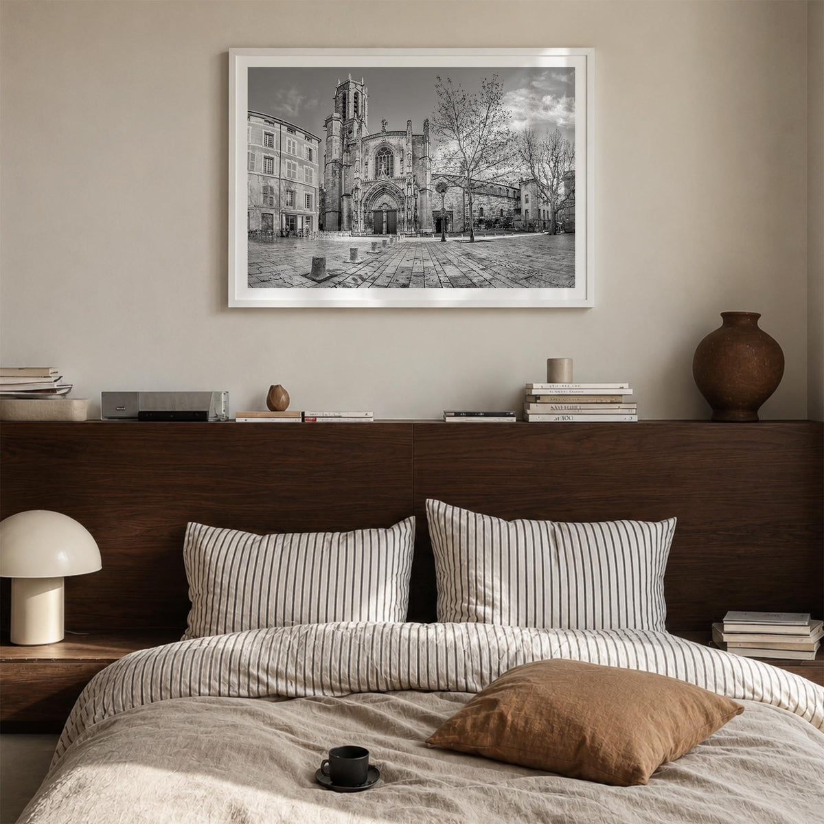 Aix-en-Provence black & white photo poster of France – horizontal wall art in white wood frame with white border, hanging on 