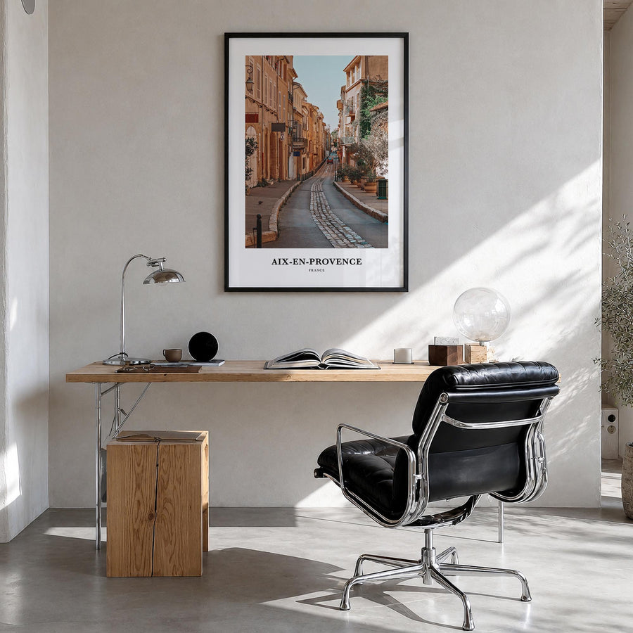 Aix-en-Provence colorful classic poster of France – vertical wall art in black wood frame, hanging on wall