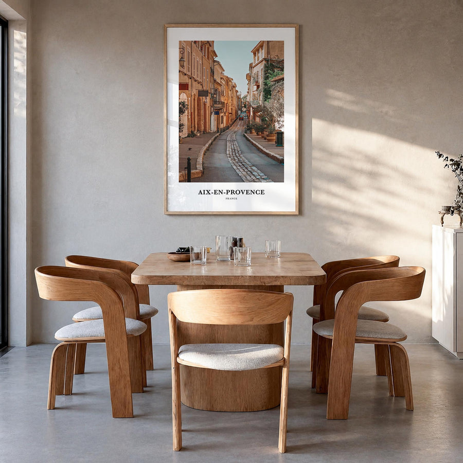 Aix-en-Provence colorful classic poster of France – vertical wall art in natural wood frame, hanging on wall