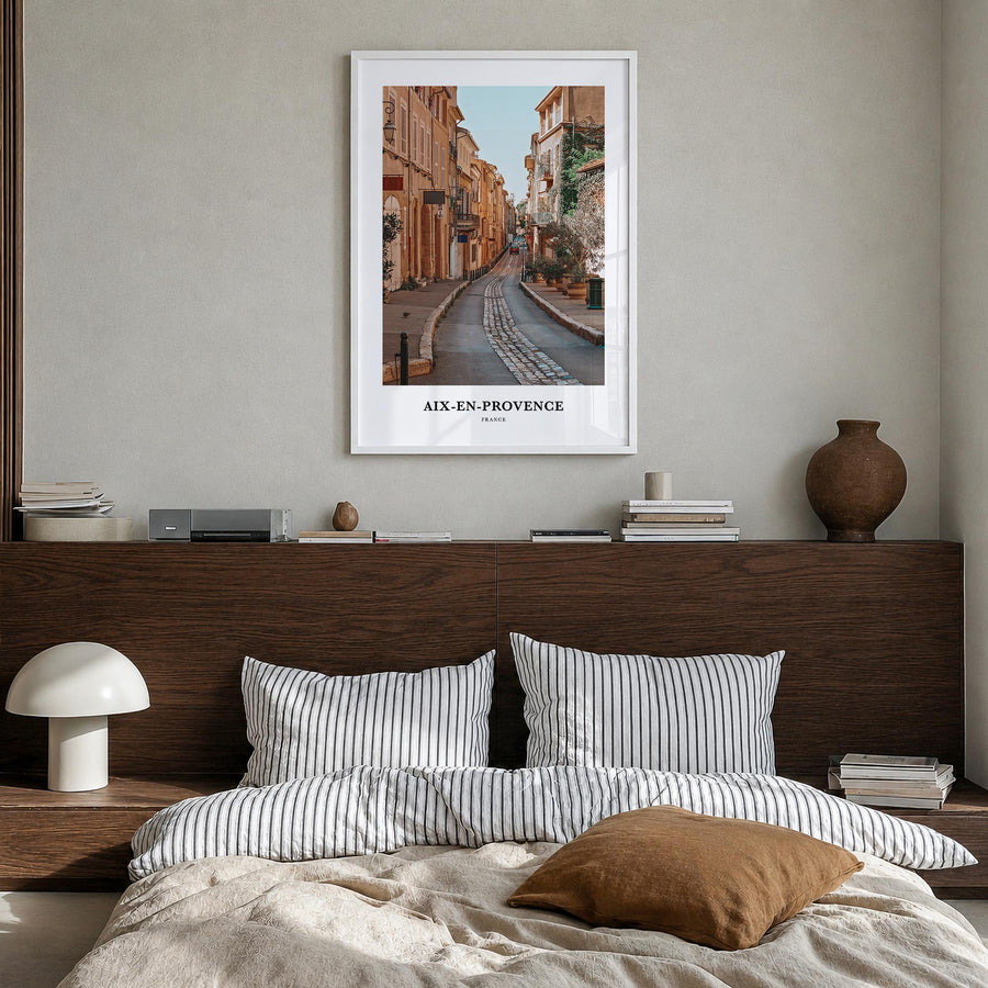 Aix-en-Provence colorful classic poster of France – vertical wall art in white wood frame, hanging on wall
