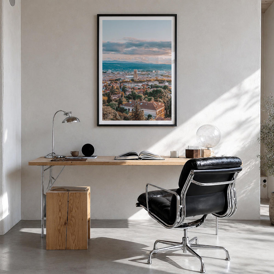 Aix-en-Provence colorful photo poster of France – vertical wall art in black wood frame with white border, hanging on wall