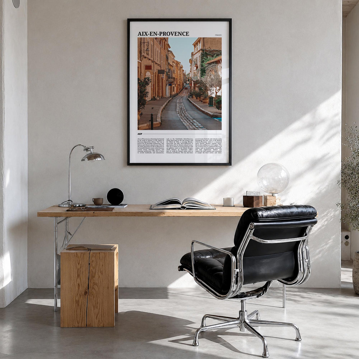 Aix-en-Provence colorful travel poster of France – vertical wall art in black wood frame, hanging on wall