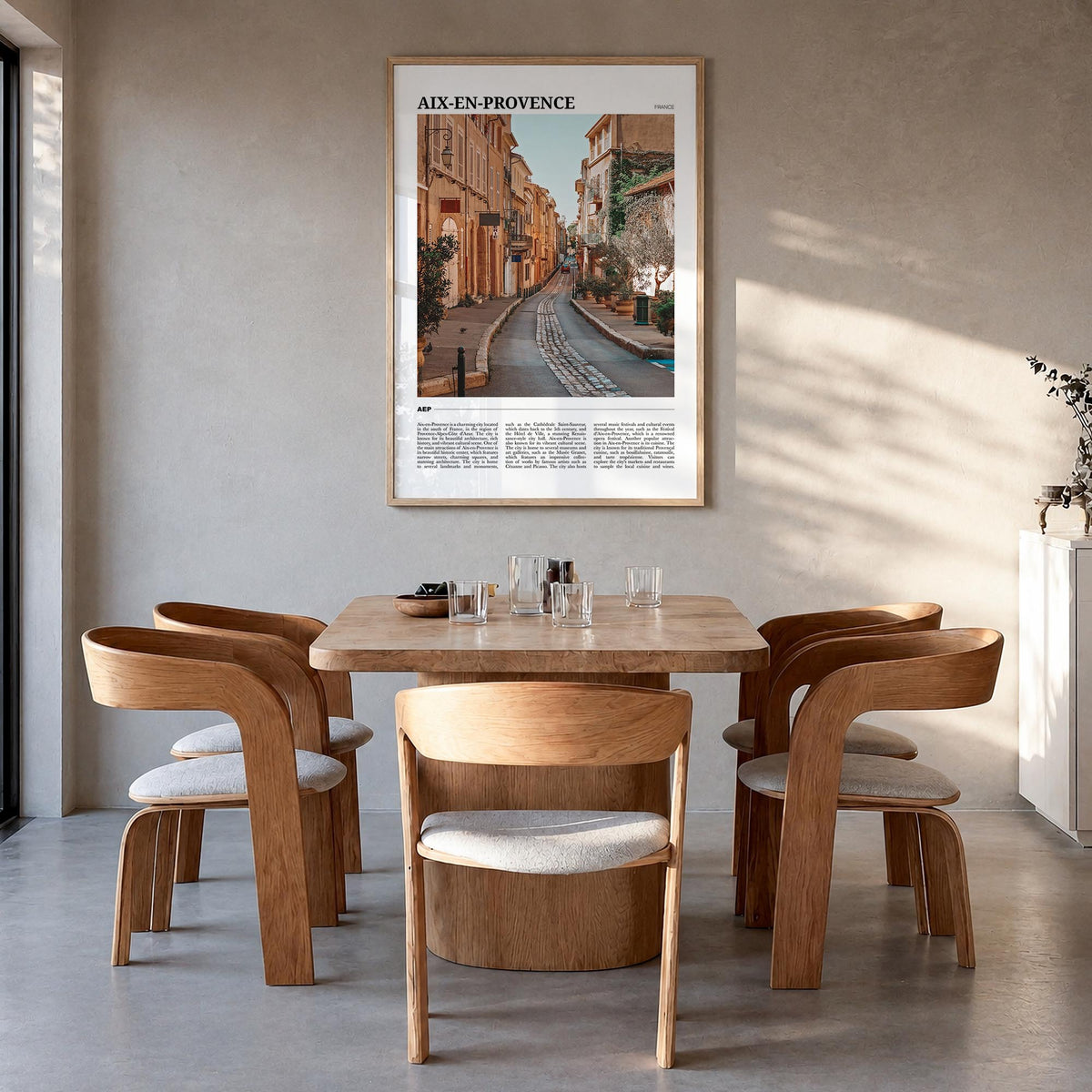 Aix-en-Provence colorful travel poster of France – vertical wall art in natural wood frame, hanging on wall