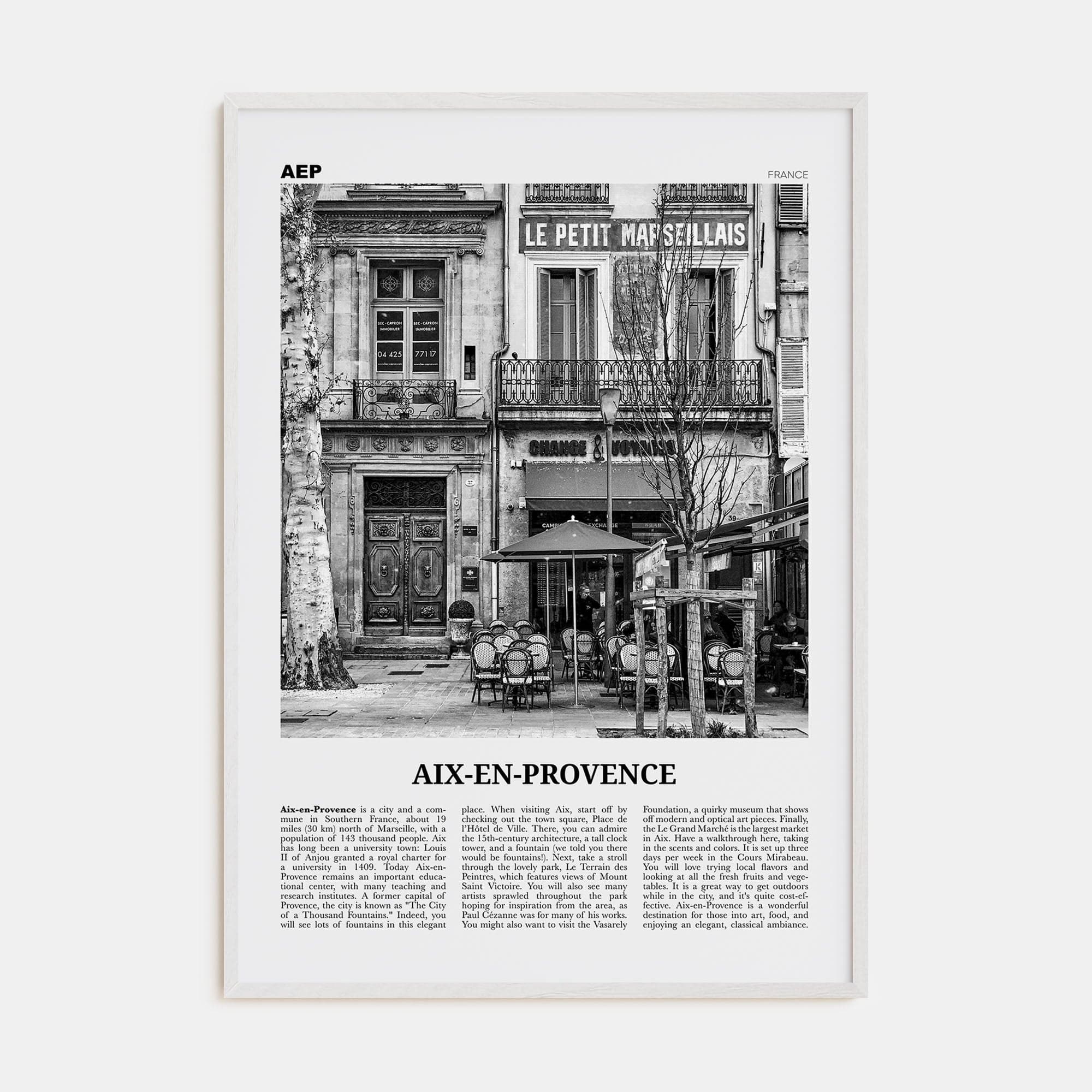 Aix-en-Provence No 1 Poster White Wood / 8x12 in Nbourhood Travel B&W Poster