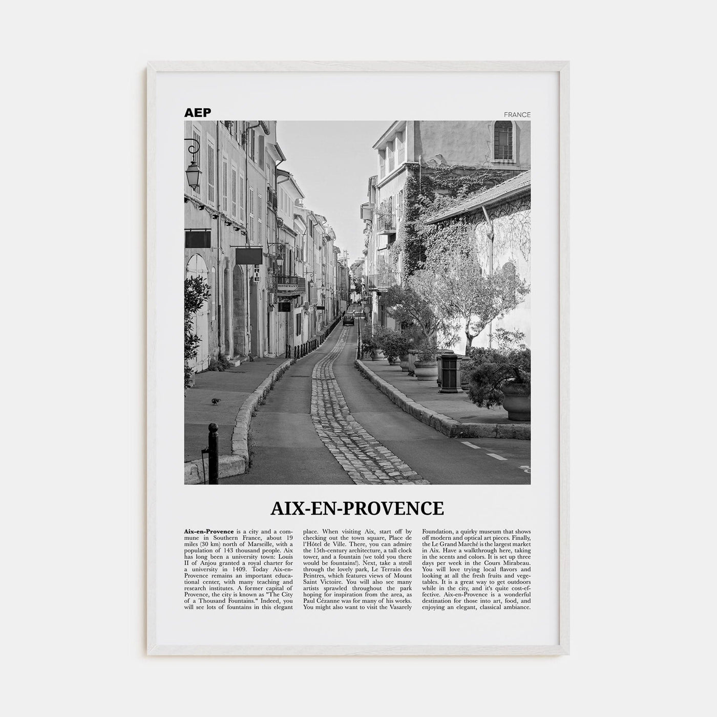 Aix-en-Provence No 2 Poster White Wood / 8x12 in Nbourhood Travel B&W Poster