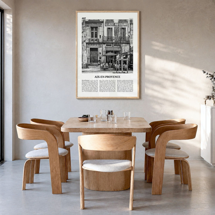 Aix-en-Provence Newspaper No 1 Poster in a natural wood frame, hanging in a dining room