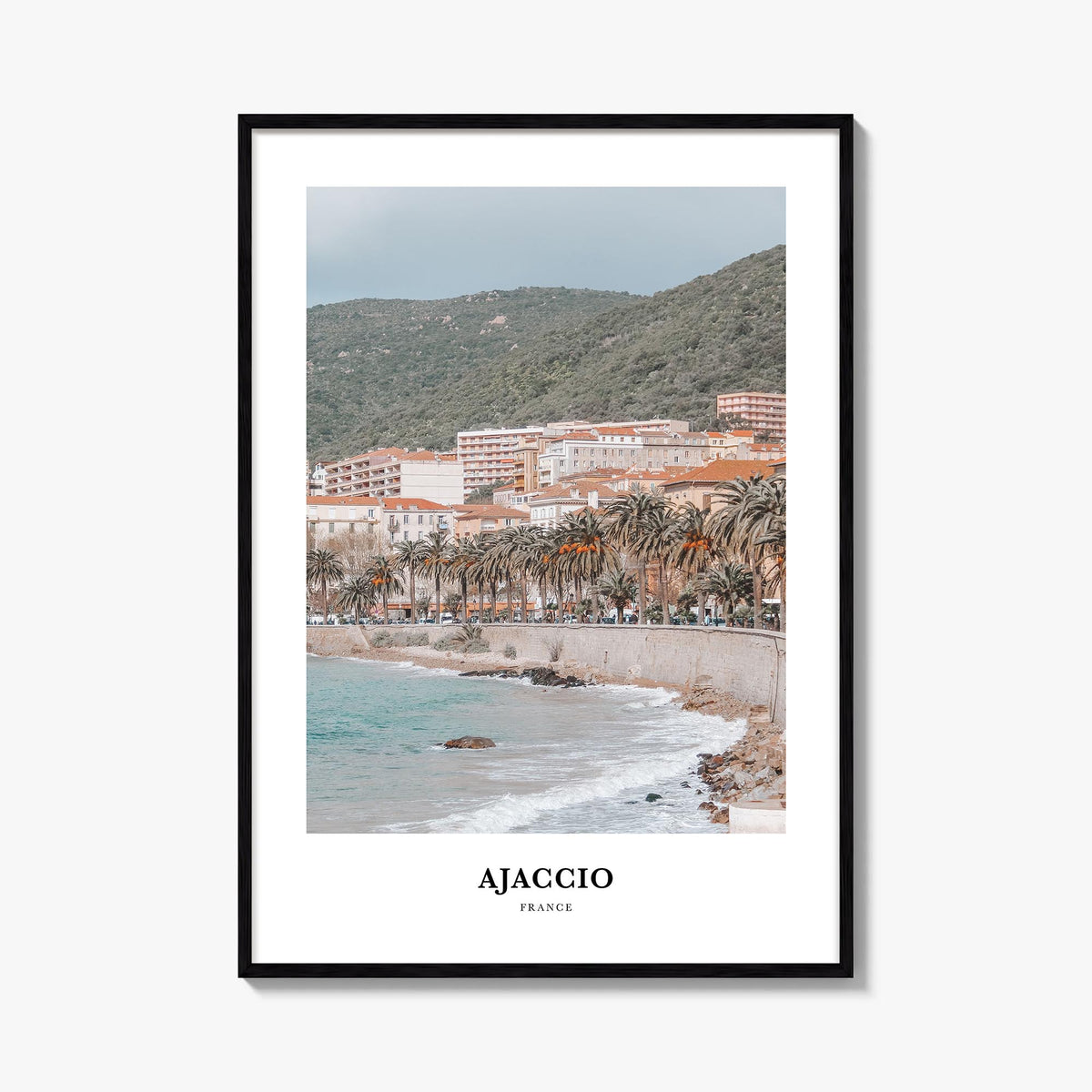 Ajaccio colorful classic poster of France – vertical wall art, unframed print shown in interior mockup