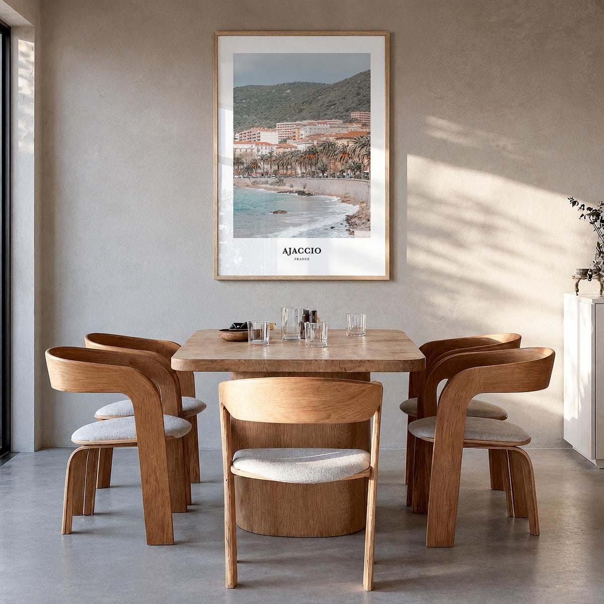 Ajaccio colorful classic poster of France – vertical wall art in natural wood frame, hanging on wall