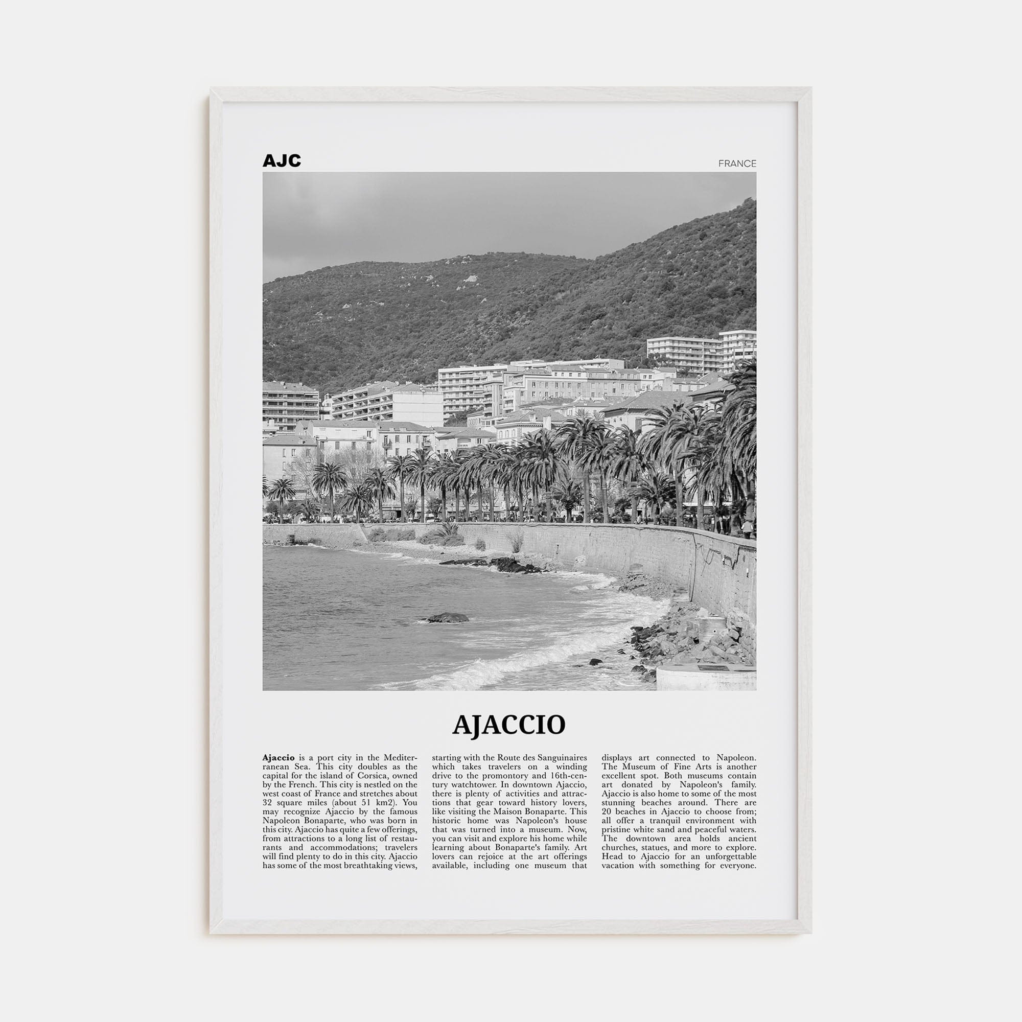 Ajaccio Poster White Wood / 8x12 in Nbourhood Travel B&W Poster