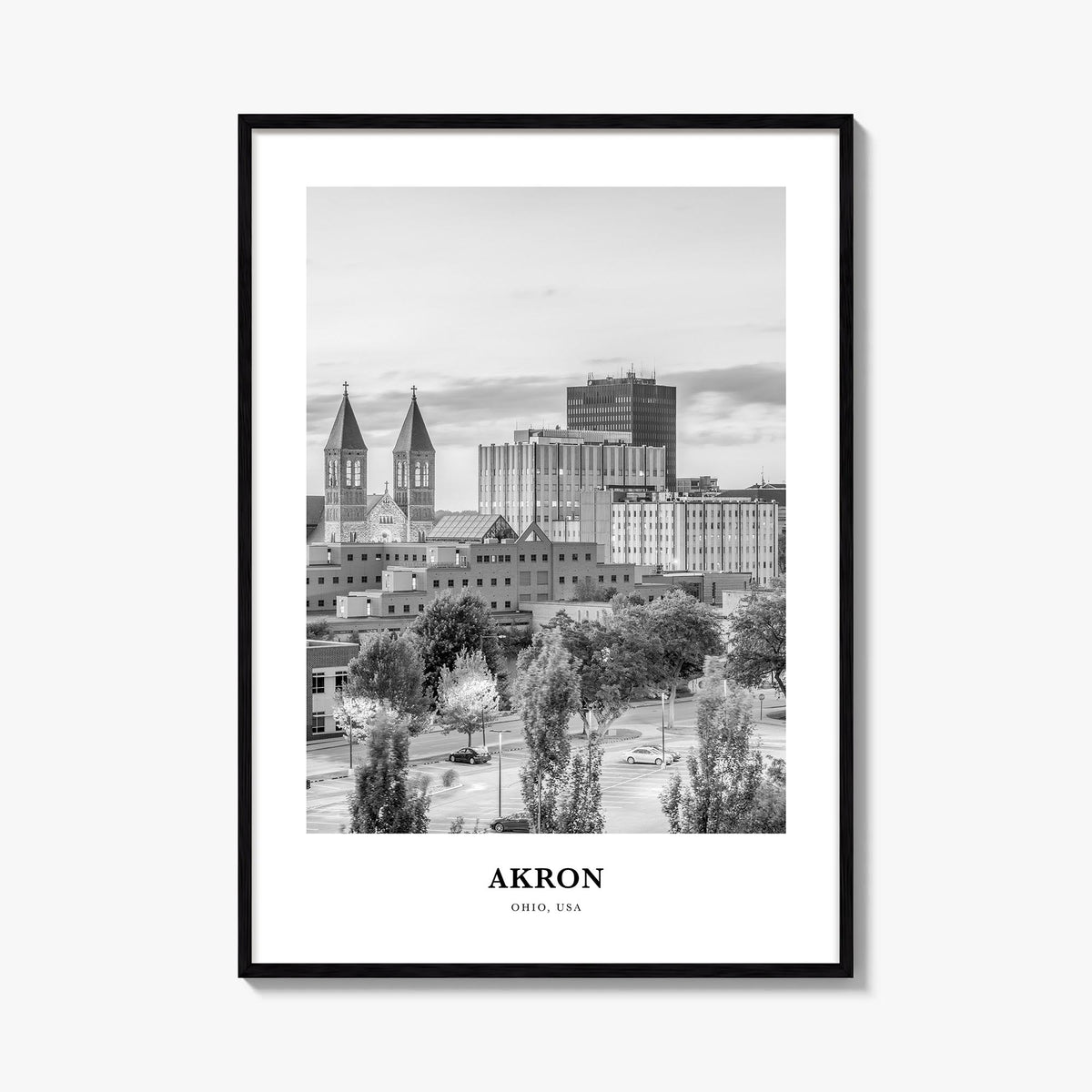 Akron black & white classic poster of Ohio, USA – vertical wall art, unframed print shown in interior mockup