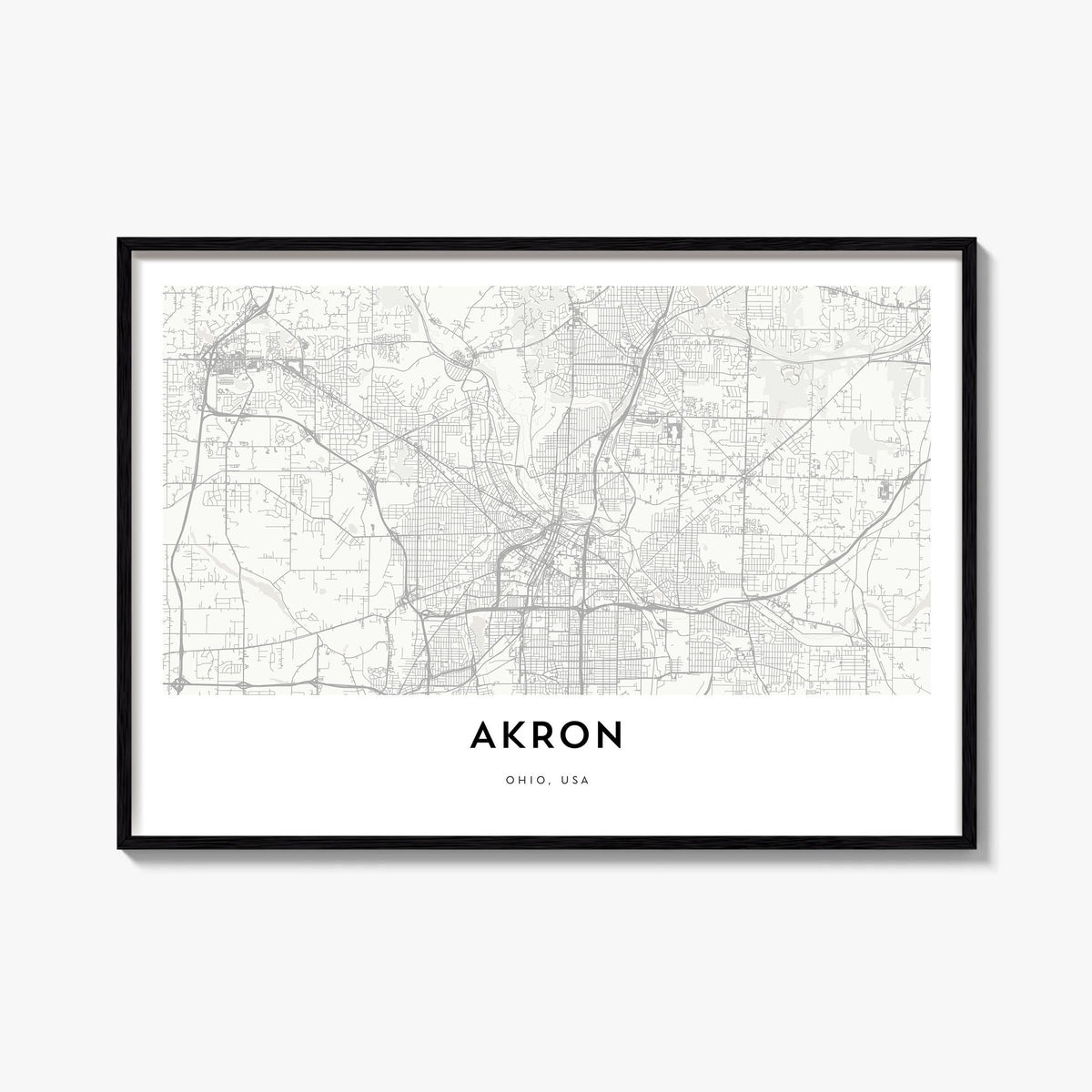 Akron black & white map poster of Ohio, USA – horizontal wall art, unframed print shown in interior mockup